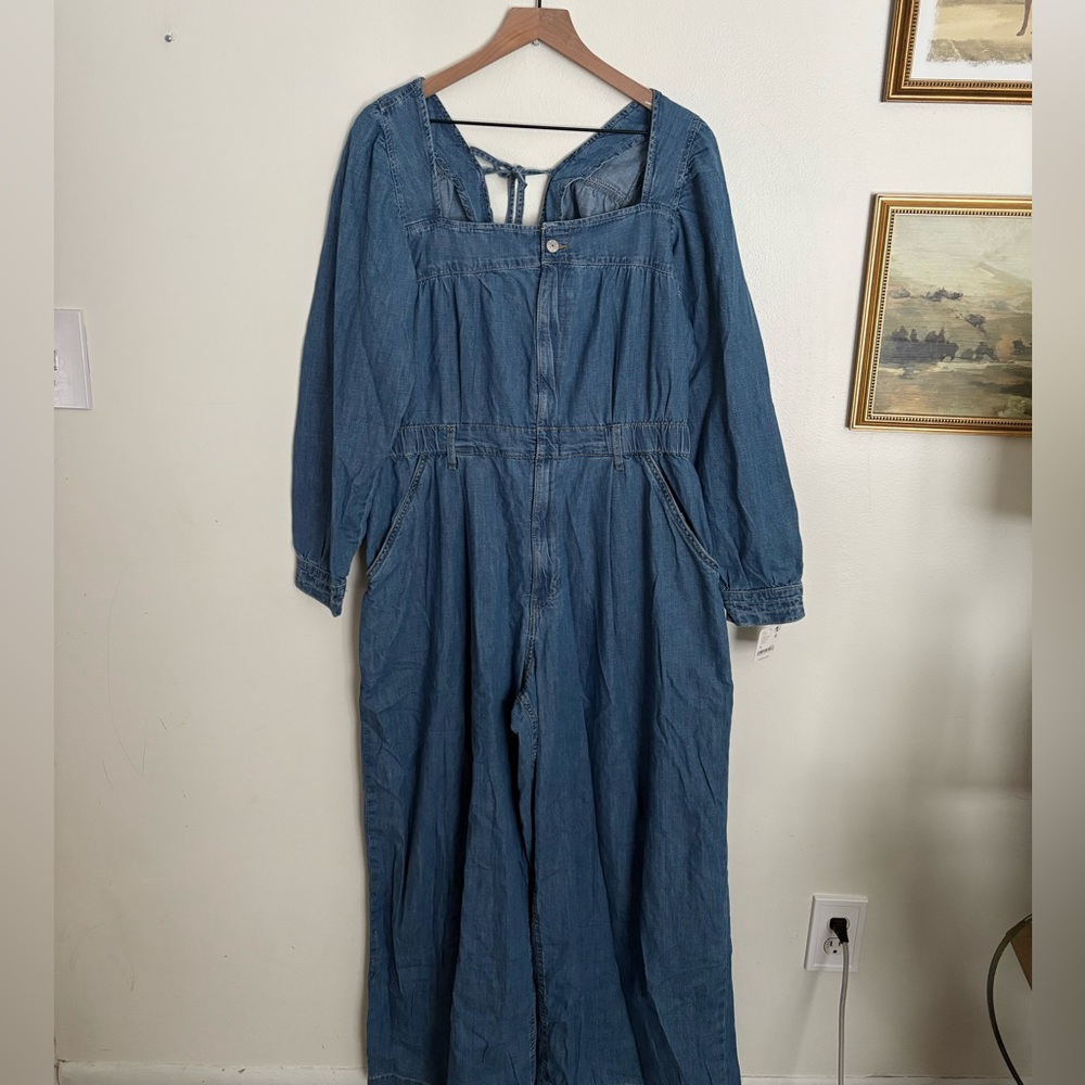 Free People We The Free Clara Blue Wide Leg Boho Denim Jumpsuit Womens XL NWT